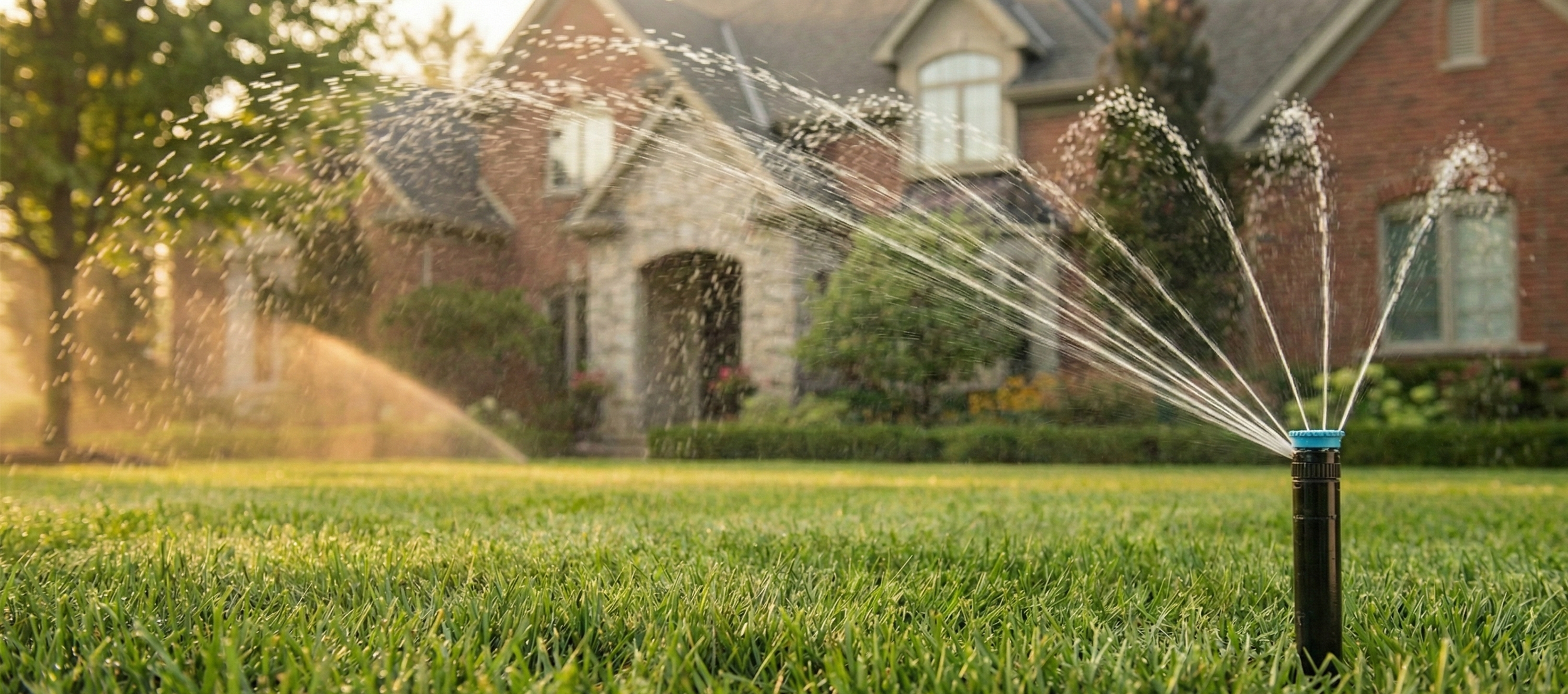 A sprinkler watering a lush green lawn in front of a large brick house with multiple windows and a well-maintained garden.