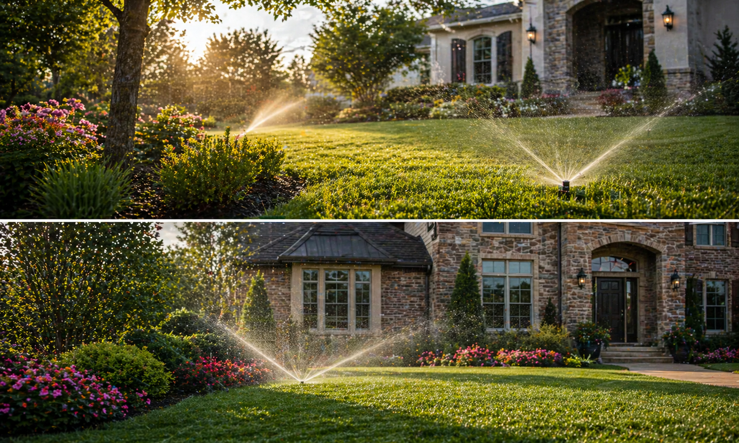 Sunlit garden with sprinkler watering flowers and grass, large house with stone and brick exterior, and trees in the background.