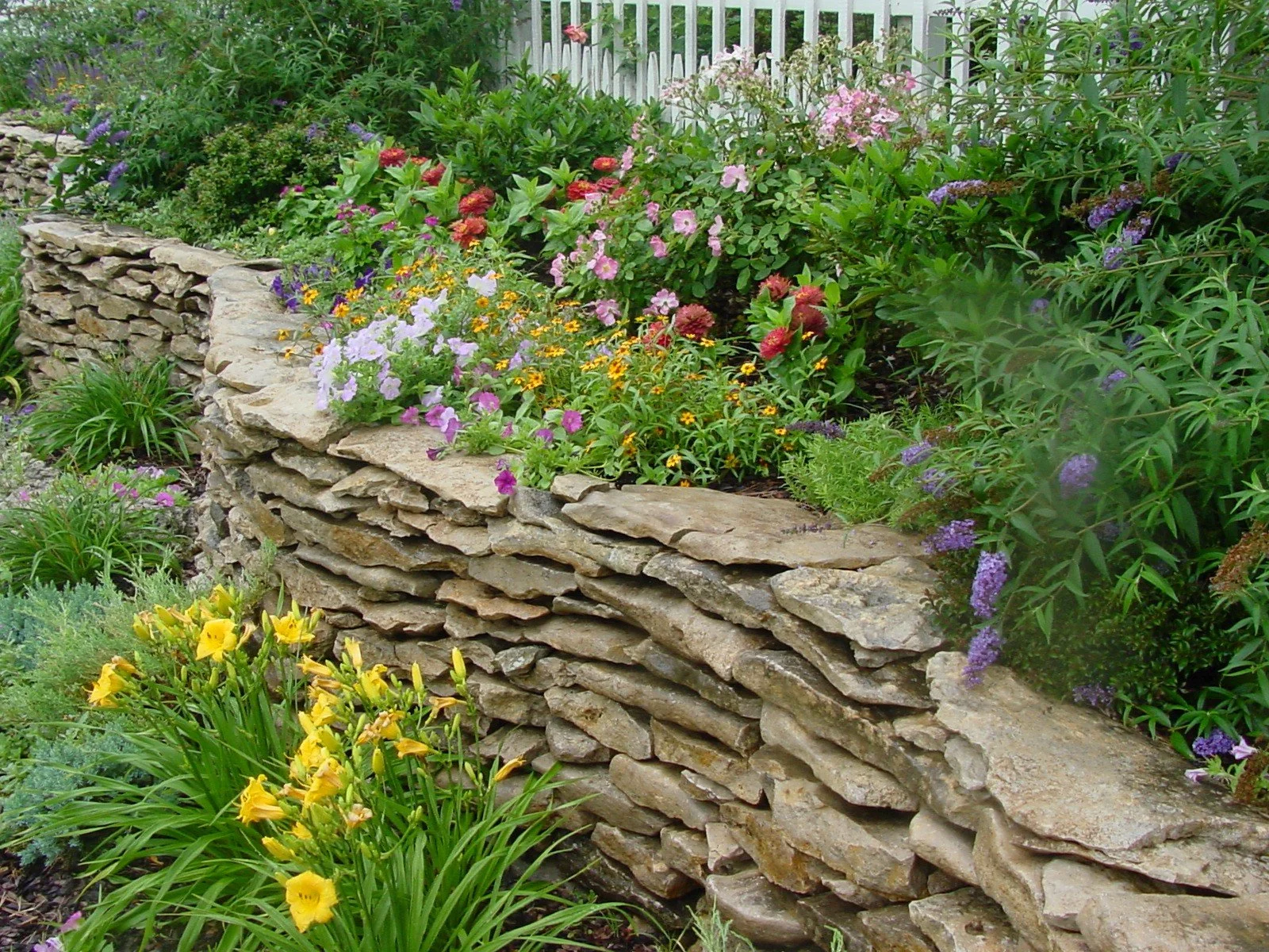 A garden with a stone wall border filled with colorful blooming flowers and green foliage.