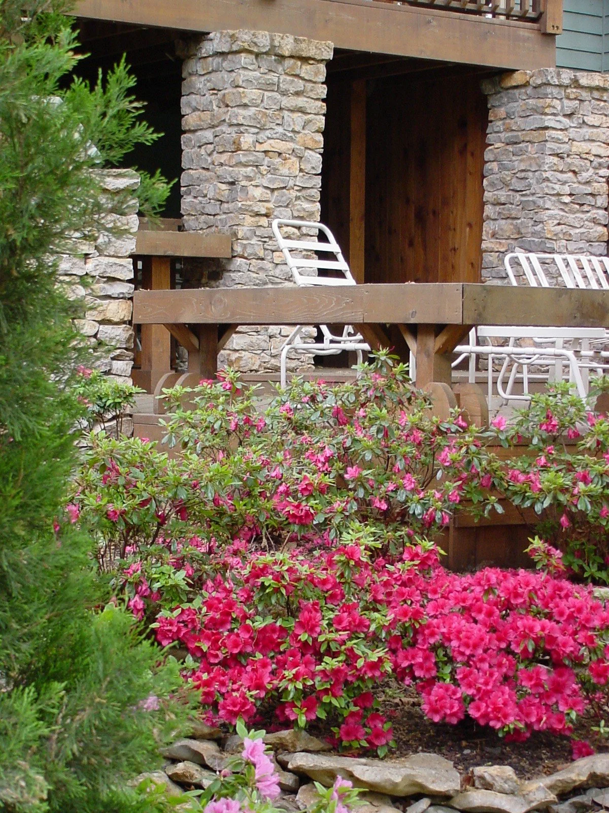 A porch with stone pillars, wooden beams, and white metal chairs overlooking a garden with pink azaleas and greenery.