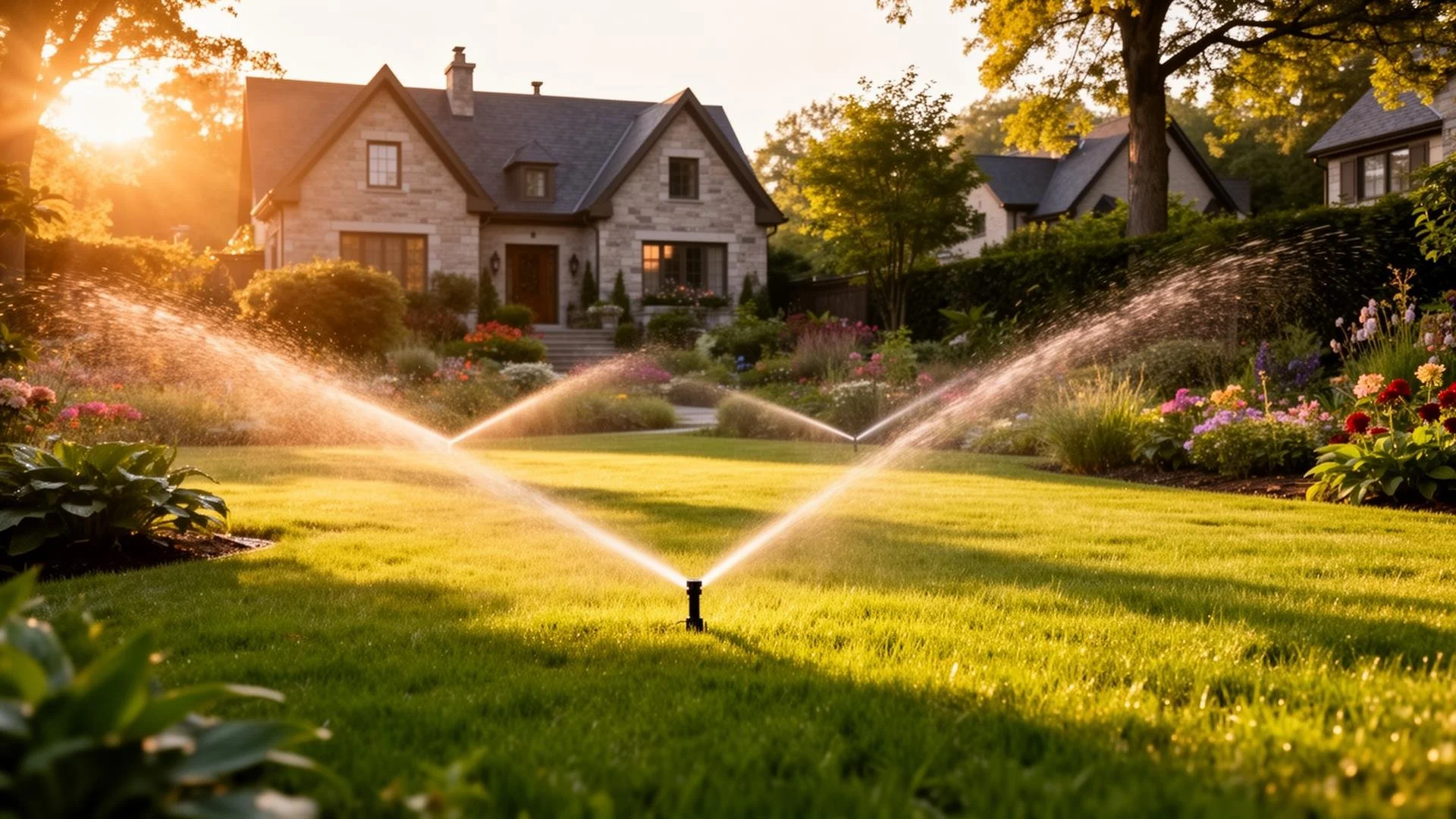 A lush green backyard with a well-maintained lawn, colorful flowers, and sprinklers watering the grass. In the background, there is a large stone house surrounded by trees during sunset.