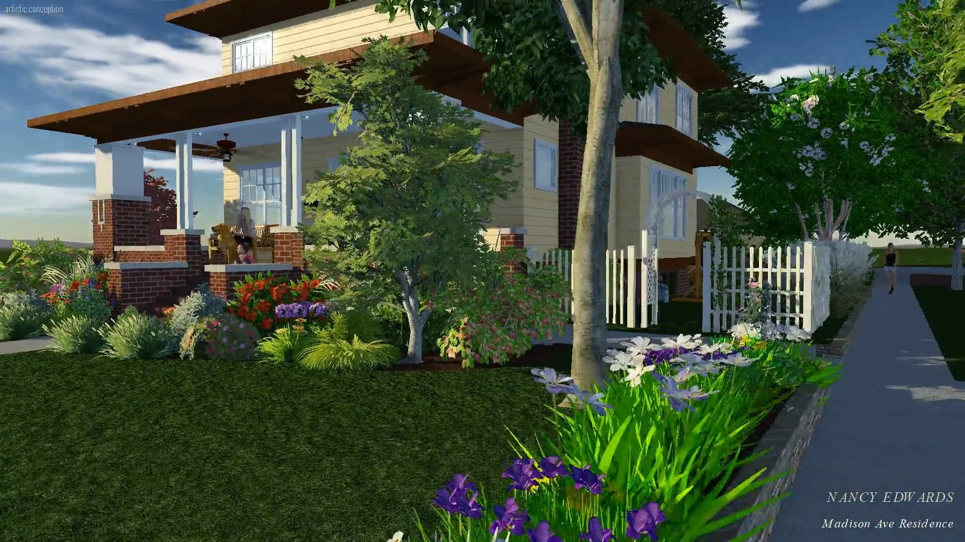A digital rendering of a large house with a backyard landscape featuring a pond, well-manicured garden beds, and parking areas. A hot air balloon is floating in the sky above the house, and there are mountains in the background.