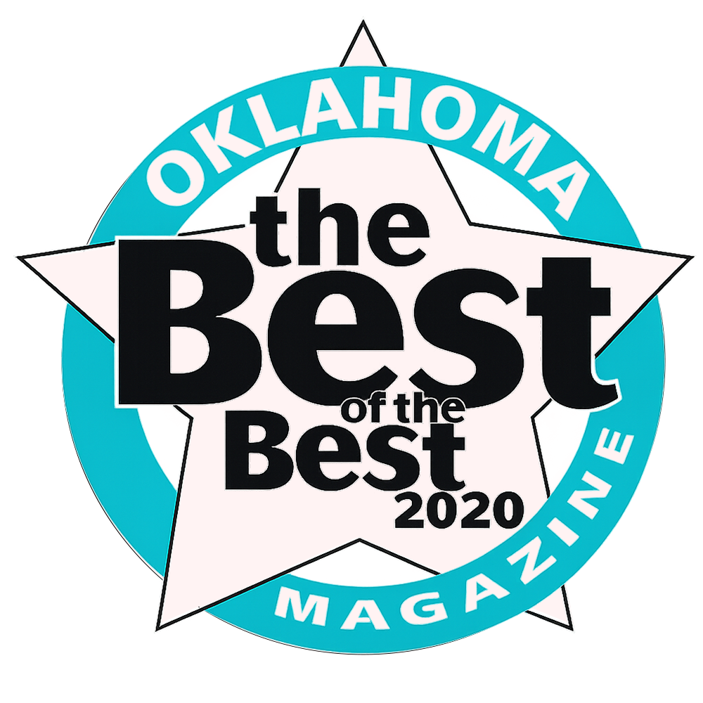 Aqua colored Oklahoma Magazine “Best of the Best 2020” award logo with a star badge design and bold black typography on a transparent background.