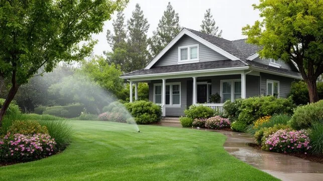 A grey house with white trim surrounded by a lush, landscaped garden and lawn on a rainy day, with a sprinkler watering the grass.