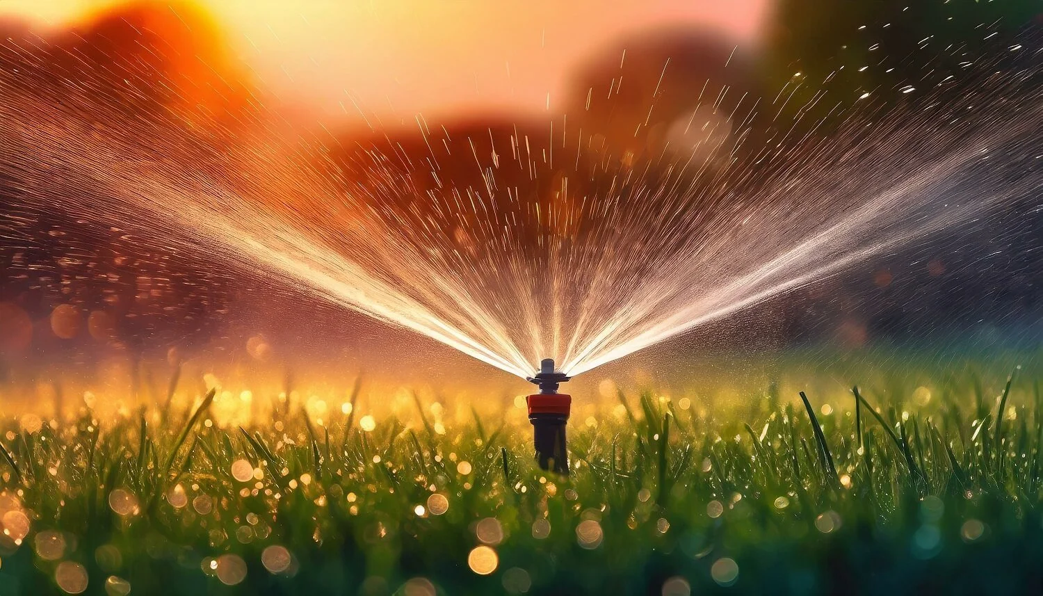 A garden sprinkler spraying water at sunset, creating a mist with light reflections and a bokeh effect in the background.