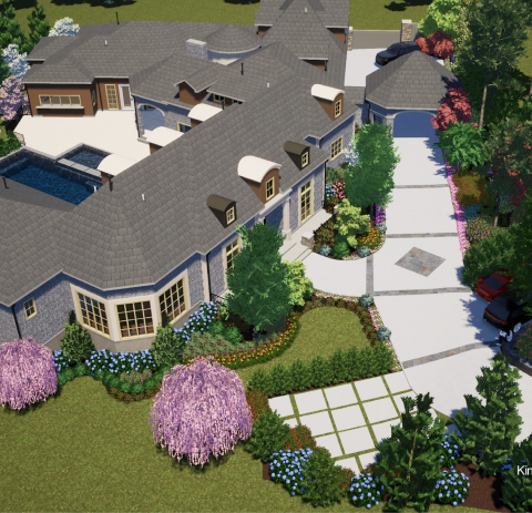 A large, elegant house with a well-maintained garden, colorful flowering trees, a sidewalk, and a driveway with parked cars.