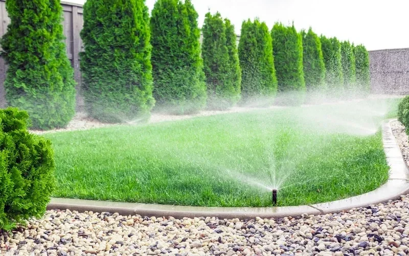 A lush green lawn being watered by a sprinkler system, with neatly trimmed tall bushes in the background.