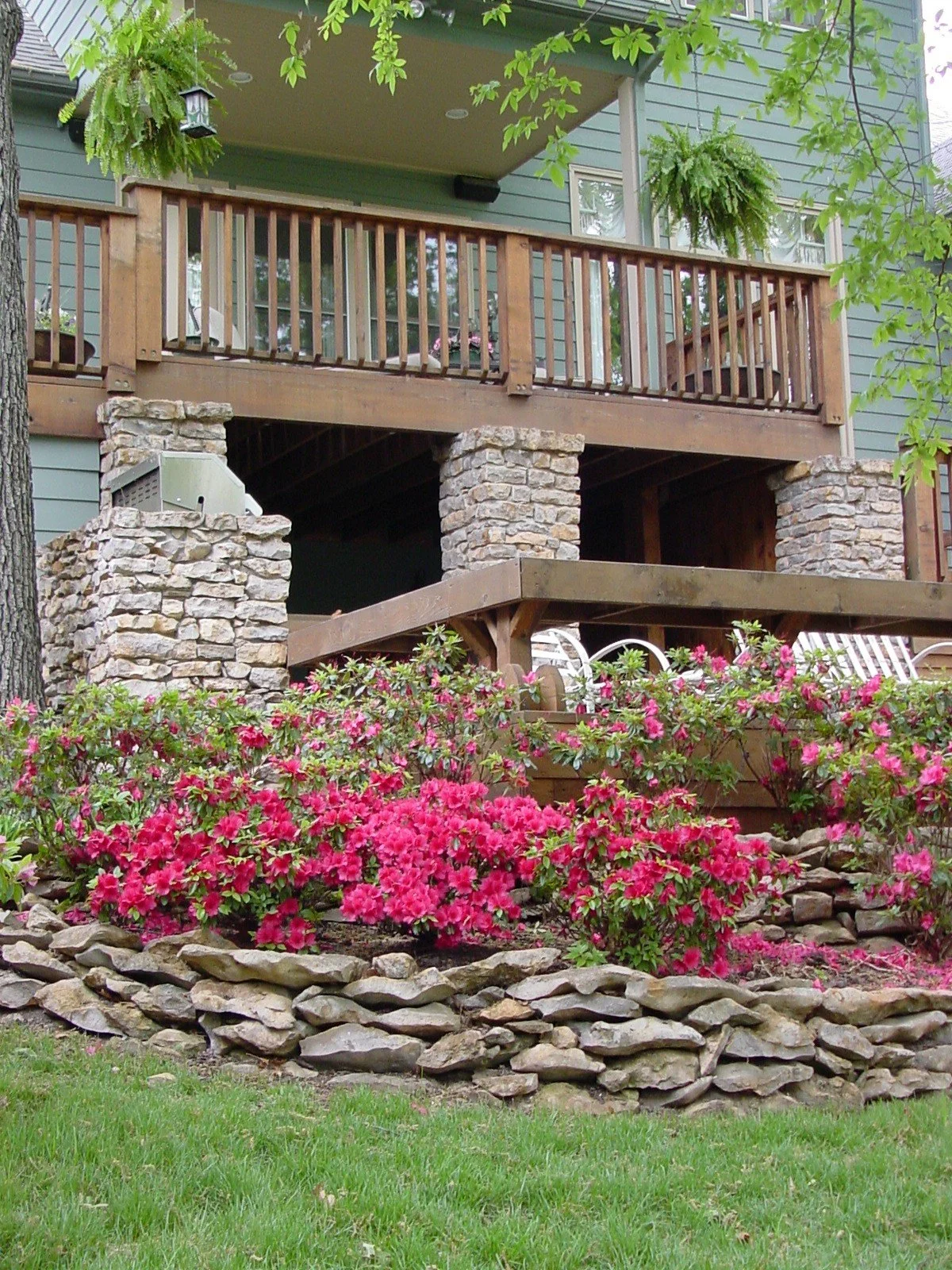 A multi-level backyard deck with a wooden railing, stone pillars, and plants, including hanging ferns and pink flowering bushes in a landscaped garden.