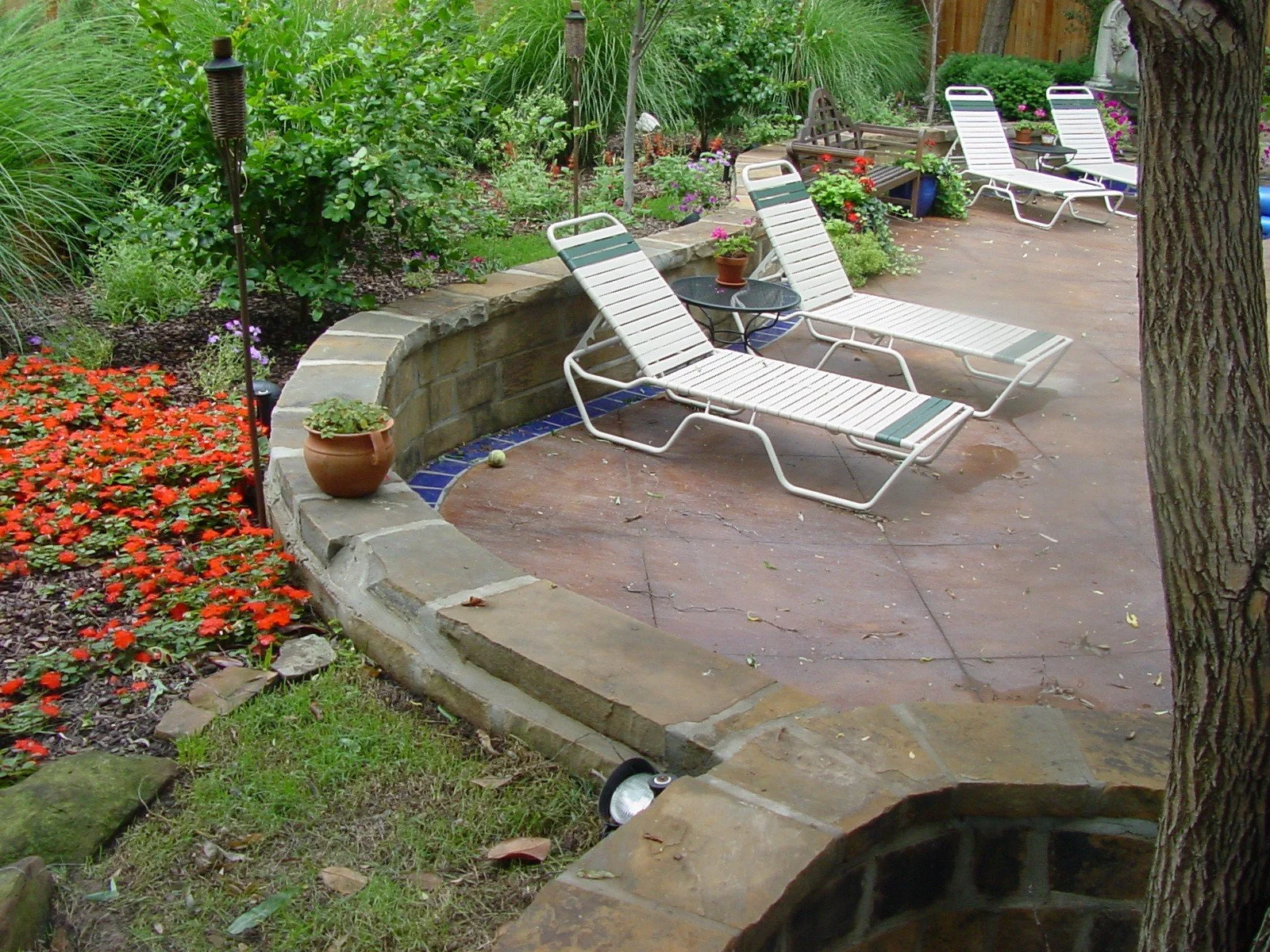 A backyard patio with four white lounge chairs with green stripes, surrounded by colorful flowers, potted plants, and greenery, with a stone border and a small tree.