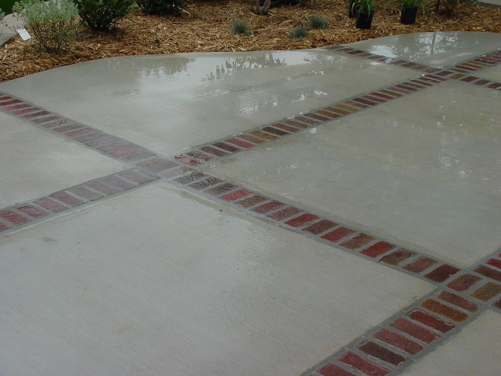 Close-up of a concrete walkway with decorative brick border and landscaping in the background.