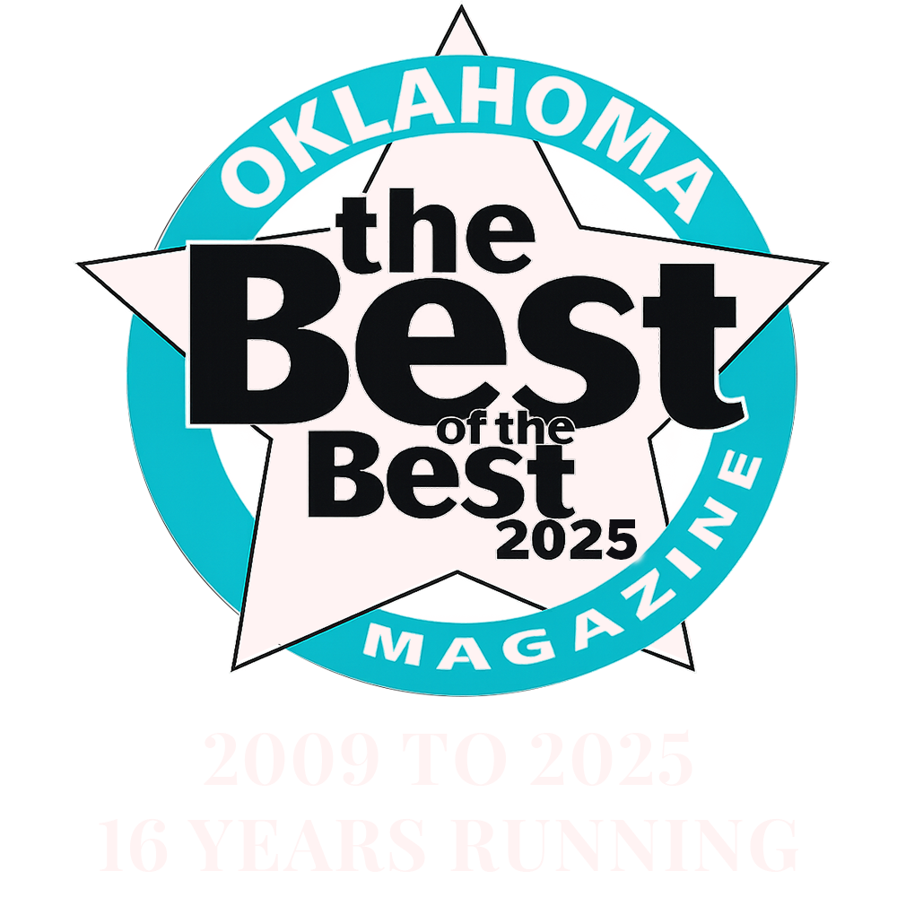 Badge for Oklahoma's 'The Best of the Best 2025' magazine, featuring a star with text and a blue circle with white text around it.