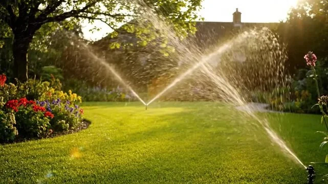 A well-maintained backyard with lush green grass, colorful flowerbeds on the left, and a sprinkler spraying water across the lawn with sunlight shining through trees.