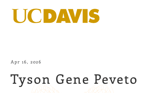 UC Davis certificate awarded to Tyson Gene Peveto on April 16, 2026.