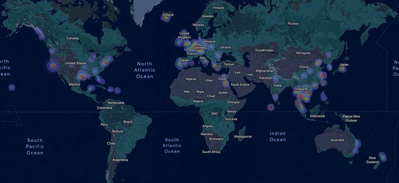 World map with highlighted regions showing data density, with prominent clusters over the United States, Europe, India, and parts of Asia and Australia.