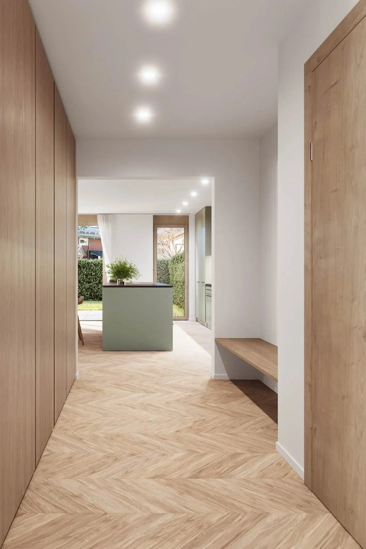 Innenraum eines modernen, minimalistisch gestalteten Hauses, mit Holzfußboden, weißen Wänden und einer großen Glastür in den Garten.
Überbauung Ginellas an bester Lage in Bonaduz in den Bündner Bergen in der Schweiz. Wohneigentum der gehobenen Klasse