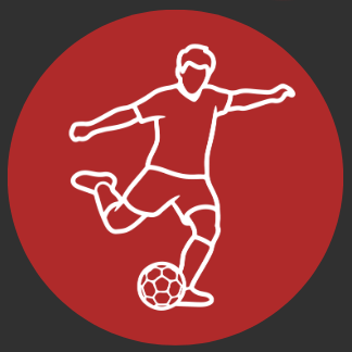 Outline drawing of a soccer player kicking a ball, set against a red circular background.