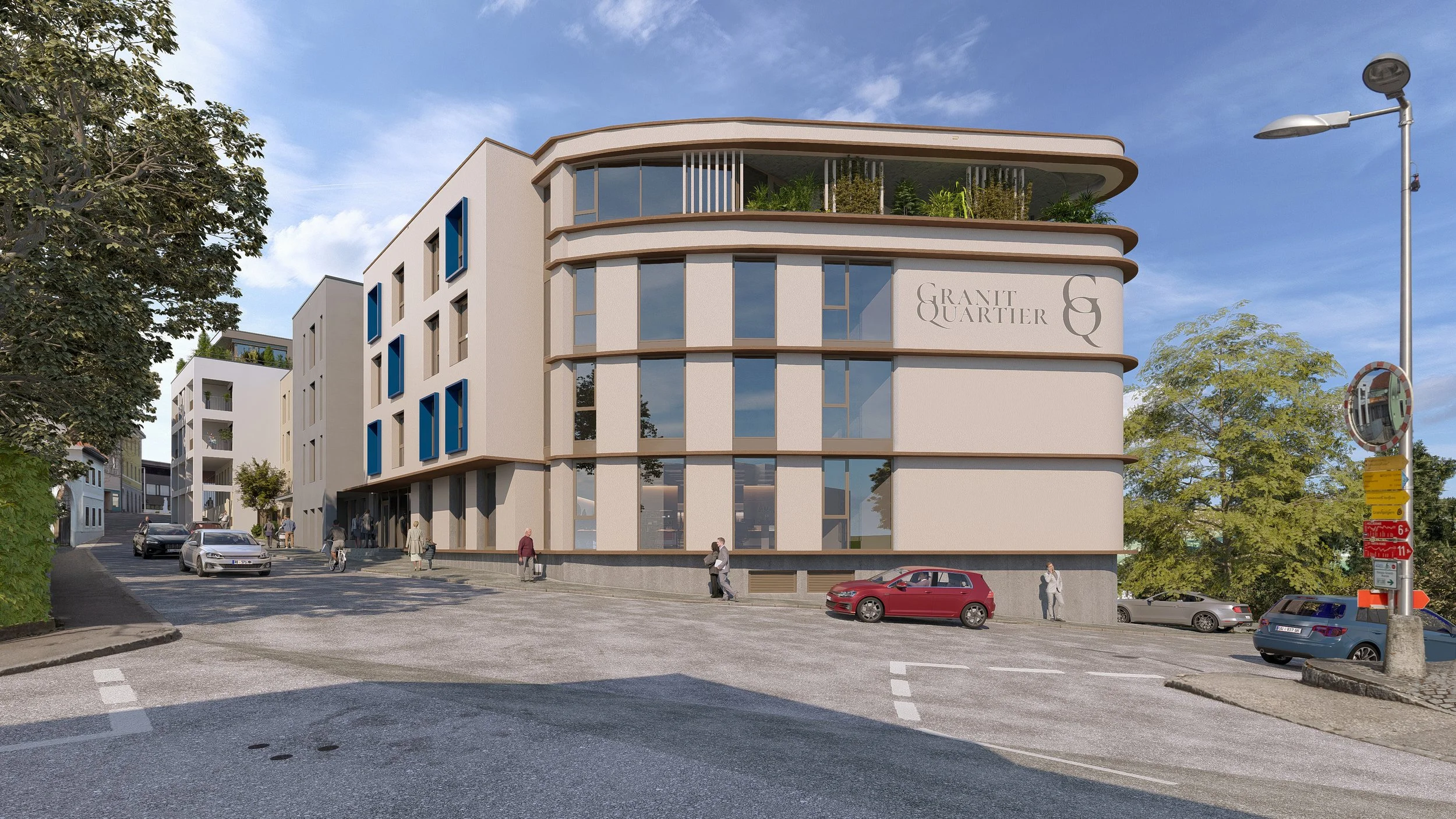 Außenansicht des Granit Quartiers mit Balkonen und Fassadengestaltung