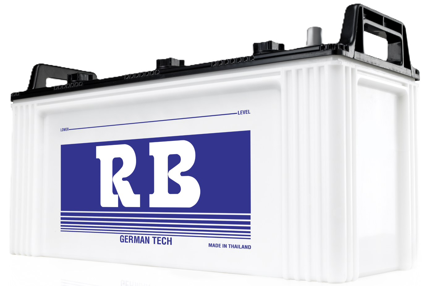 White automotive battery with a blue label labeled 'RB' and 'German Tech,' made in Thailand.