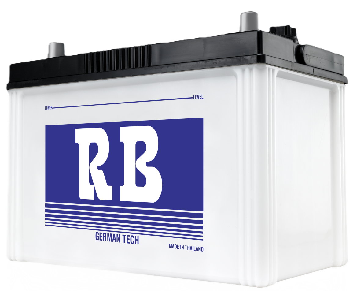 White car battery with black top and blue label that reads 'RB' and 'German Tech,' made in Thailand.
