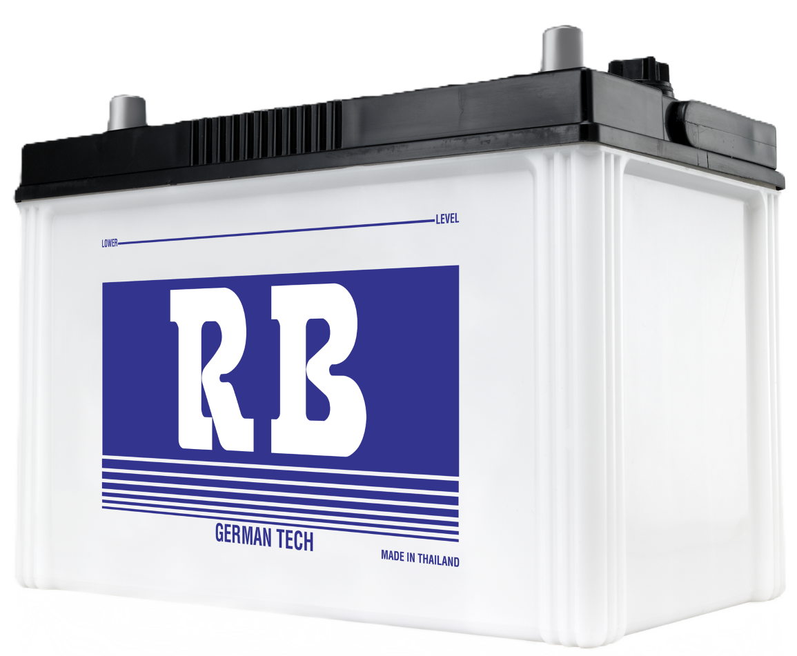 White car battery with a blue logo showing 'RB' and text 'German Tech' and 'Made in Thailand' on the front.