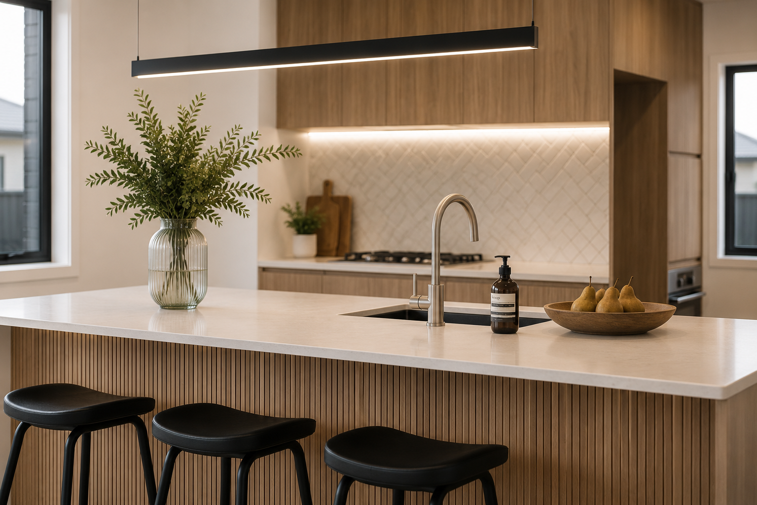 Modern kitchen with a white countertop island, a black kitchen sink with a soap dispenser, a large glass vase with green foliage, a wooden bowl with pears, and black barstools.