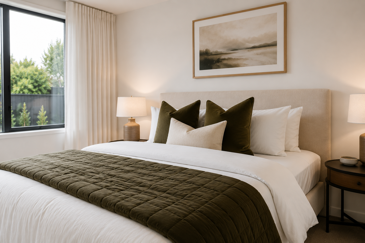 A neatly made bed with white linens, dark green throw pillows, and a dark green quilt at the foot of the bed. There are two nightstands with lamps on each side, a framed landscape painting above the bed, a window with white curtains, and greenery visible outside.