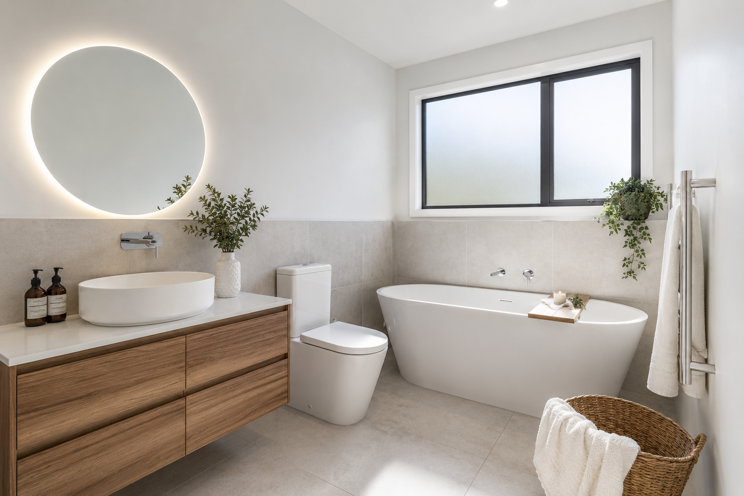 Modern bathroom with a wooden vanity, white countertop sink, round illuminated mirror, potted plant, toilet, bathtub with a wooden tray, towel rack with towels, woven basket with towel, frosted window, neutral color tiles.