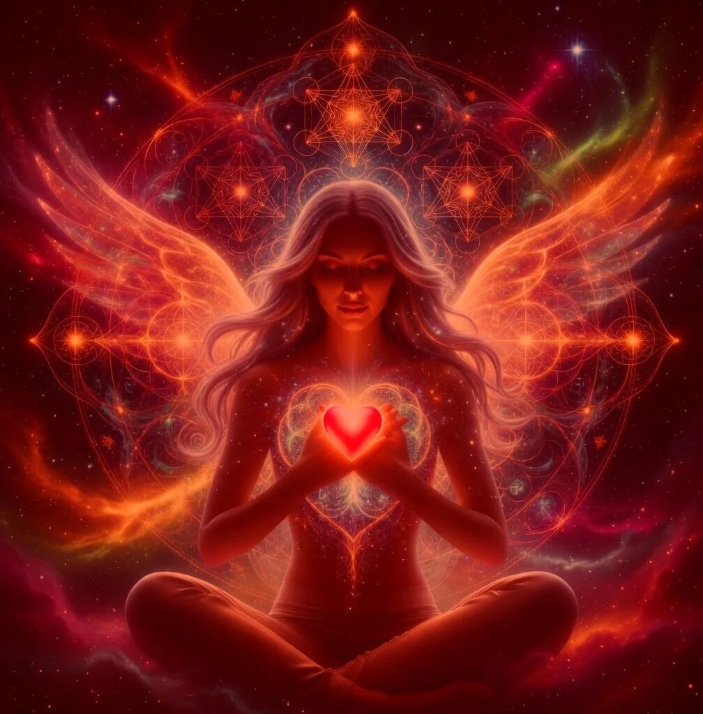 A mystical, fantasy-style digital art of a woman with flowing hair sitting cross-legged with her eyes closed, holding a glowing red heart-shaped object close to her chest, surrounded by glowing geometrical patterns, wings, and cosmic elements in a vibrant, fiery color palette.