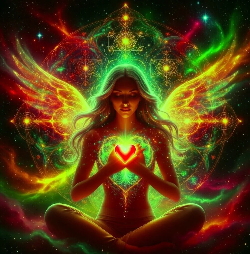A woman with long hair sitting cross-legged in meditation surrounded by vibrant neon lights, geometric patterns, and glowing wings, holding a glowing heart over her chest in a cosmic space scene.