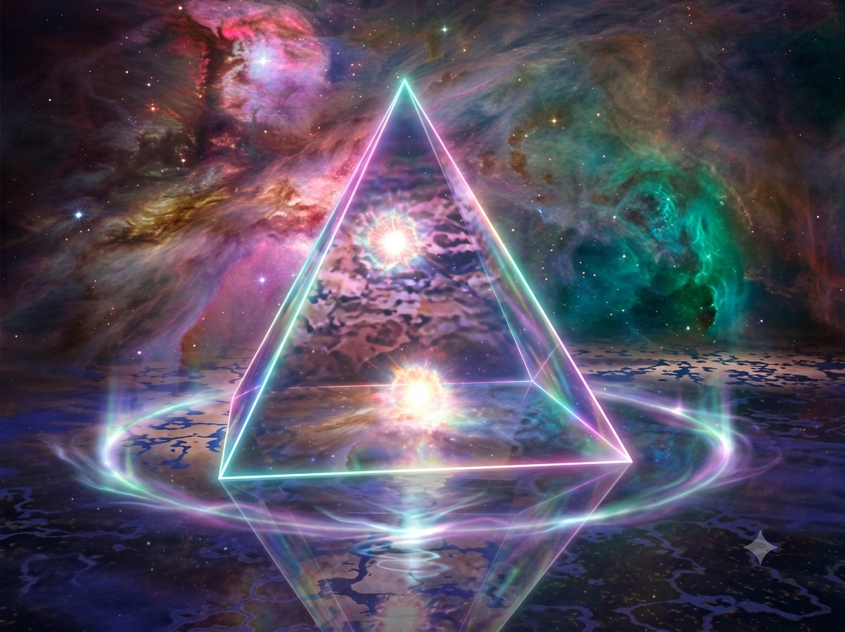 A luminous neon-colored pyramid floats above a reflective water surface in a cosmic nebula filled with vibrant clouds of pink, purple, green, and blue stars and gases.