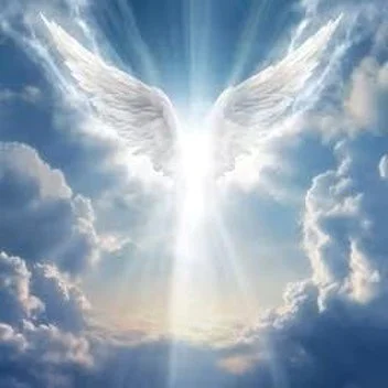 A white angel with large wings floating among clouds, illuminated by rays of sunlight.