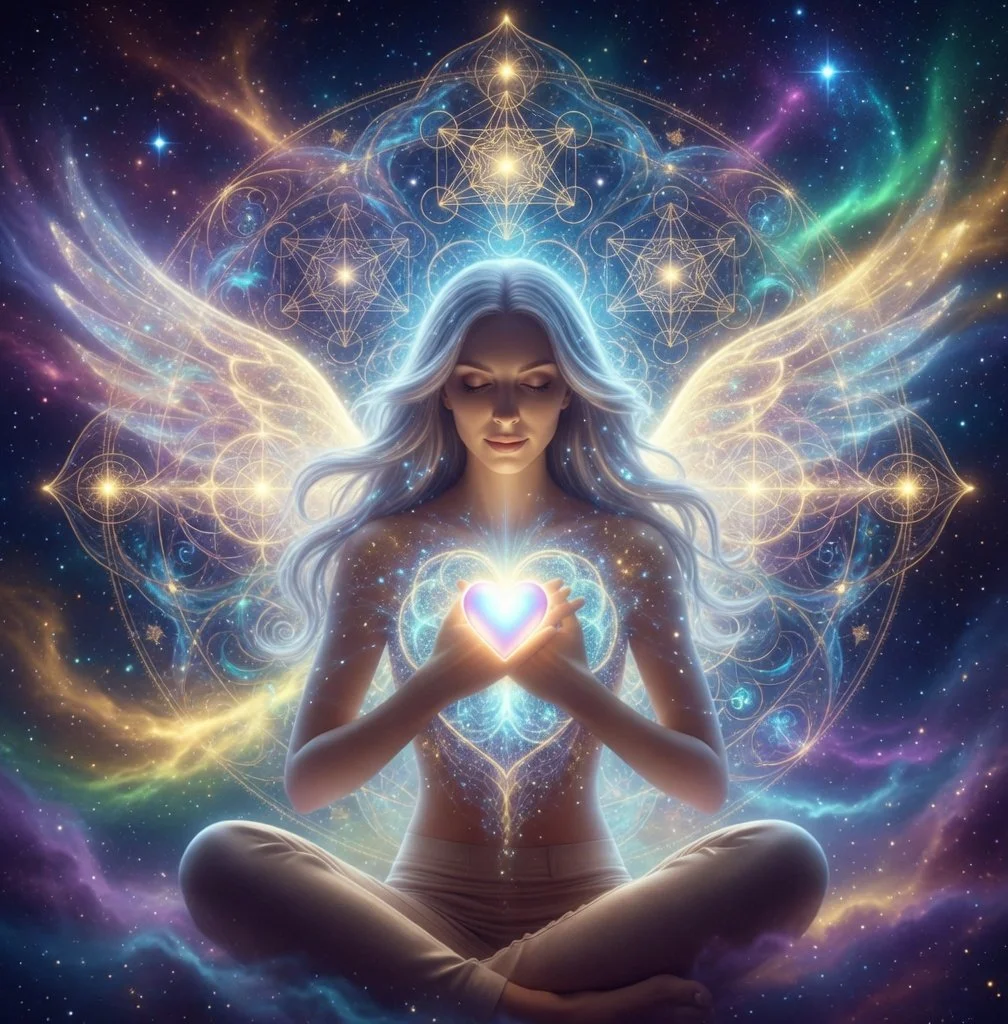 A luminous woman with long, flowing silver hair sits cross-legged in meditation, surrounded by a cosmic background with colorful nebulae and stars. She has glowing patterns on her body, holds a glowing heart-shaped object in her hands, and has radiant wings. Abstract geometric and celestial designs emerge behind her, creating a divine and spiritual atmosphere.