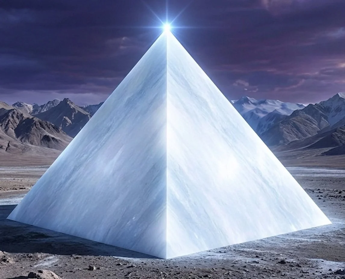 A glowing ice pyramid on a barren mountainous landscape with dark clouds in the sky.