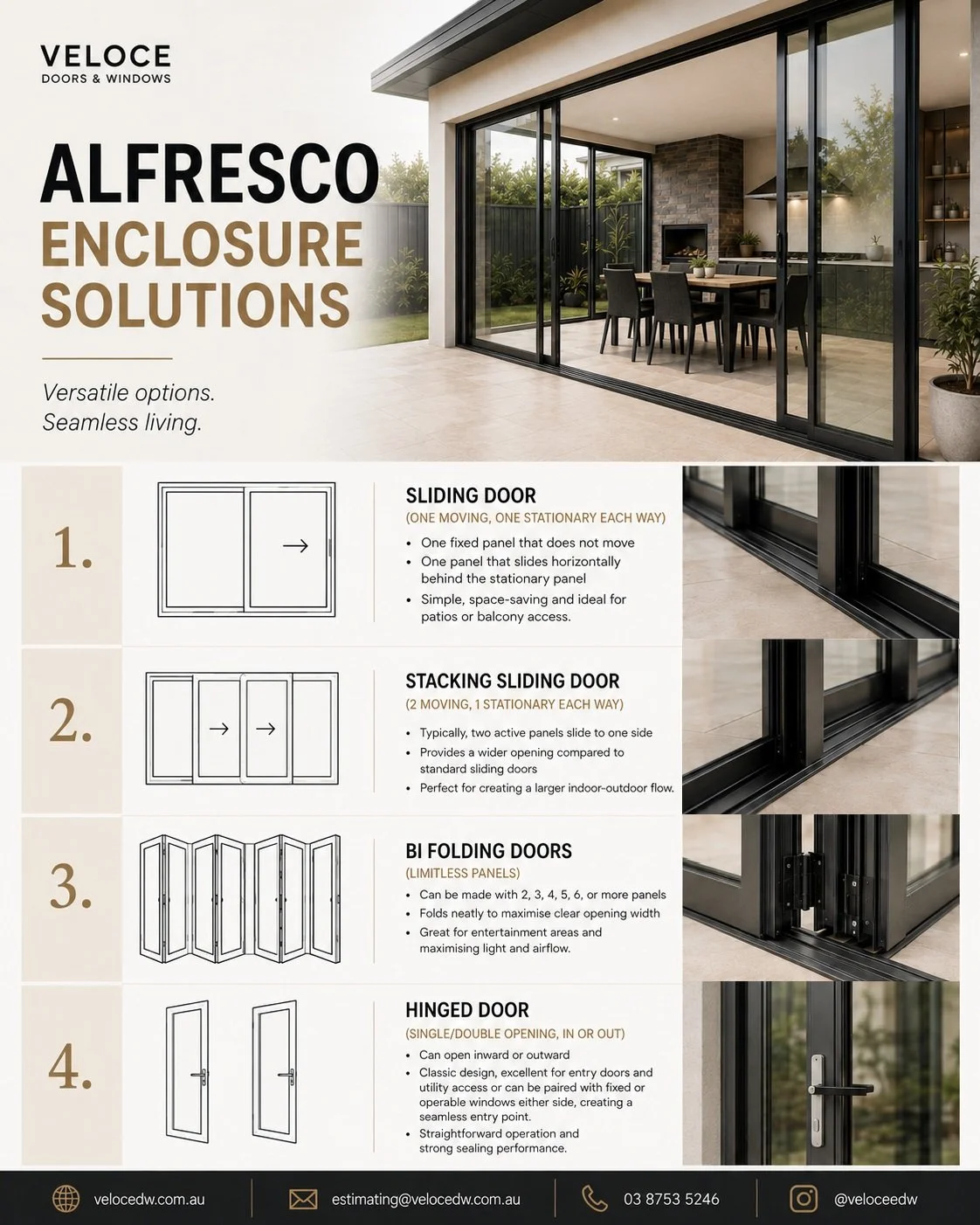 Transform your alfresco area into a space you can enjoy all year round.

From simple sliding doors and wider-opening stacking systems to bi-fold and hinged door options, Veloce can create a customised aluminium enclosure to suit your home, lifestyle 