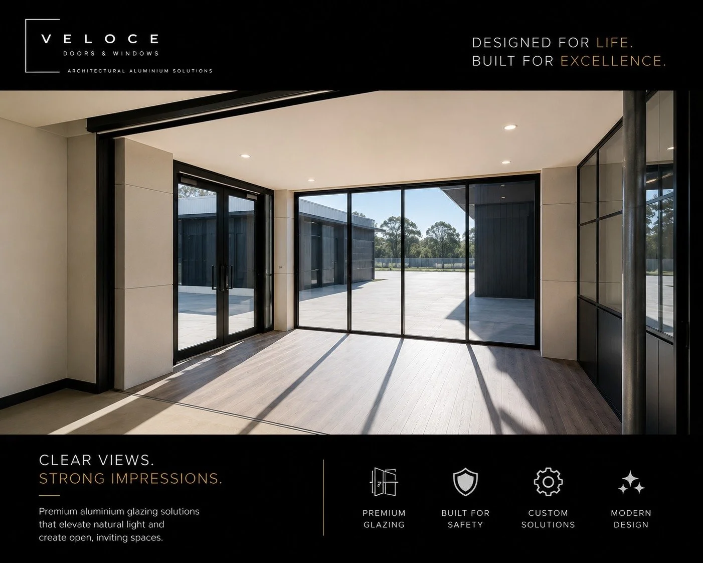 Double entry doors and curtain wall system.

Built by Veloce Doors &amp; Windows.

 #AluminiumDoors #ModernDesign #ArchitecturalDesign #IndoorOutdoorLiving #CustomGlazing #VeloceDoorsAndWindows #SpaceTransformation