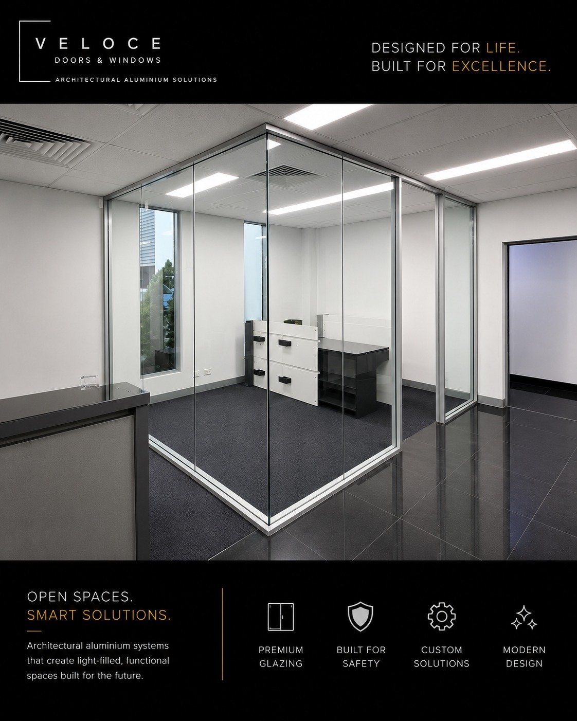 Partition to add the extra office space required.

Built by Veloce Doors &amp; Windows.

 #AluminiumDoors #ModernDesign #ArchitecturalDesign #IndoorOutdoorLiving #CustomGlazing #VeloceDoorsAndWindows #SpaceTransformation