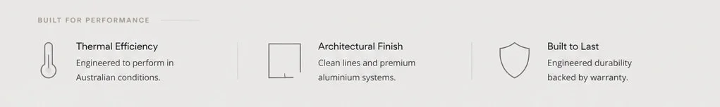 Diagram highlighting three features: thermal efficiency with a thermometer icon, architectural finish with a square grid icon, and built to last with a shield icon.