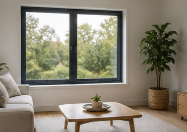 Living room with a large window, a white sofa, a wooden coffee table with a plant, and a tall potted plant near the window.