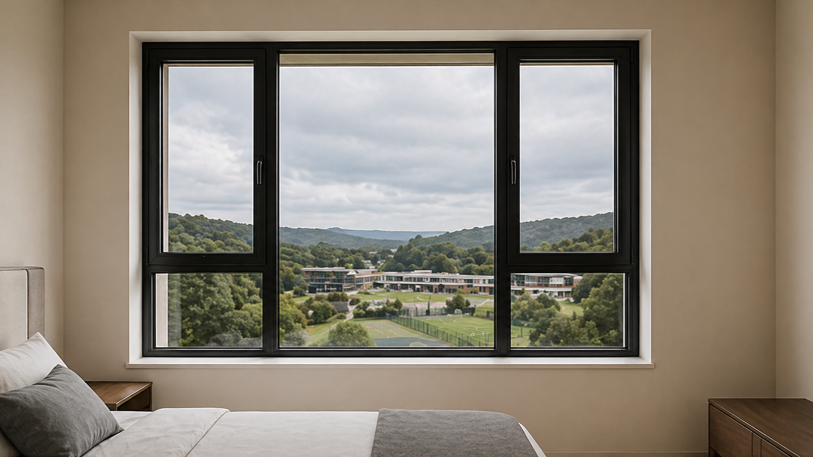 Bedroom with large window overlooking hills and a building complex with sports fields.