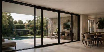 Contemporary living room with large glass sliding doors opening to a backyard pool and garden.