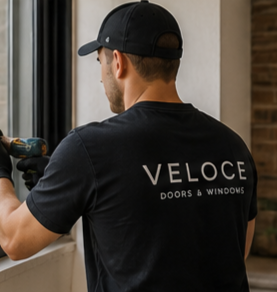 A man wearing a black cap and a black T-shirt with white text that reads 'VELOCE DOORS & WINDOWS' is installing or working on a window using a power drill.