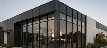 Modern commercial building with large glass windows and black framing.