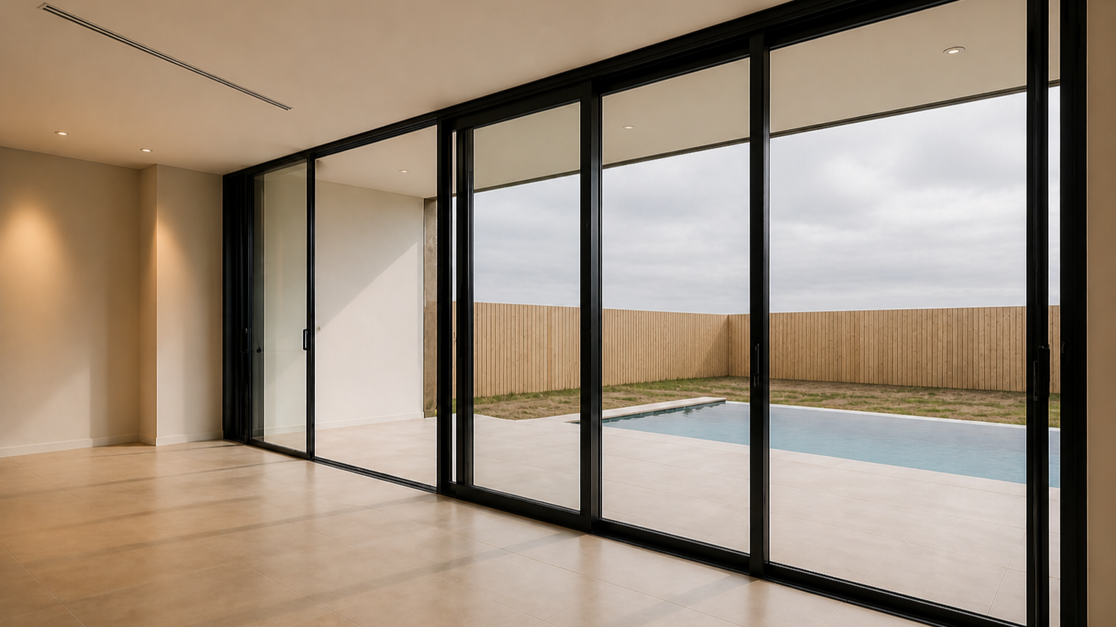 Empty room with large glass sliding doors opening to a backyard with a swimming pool, grass, and a wooden fence under cloudy sky.