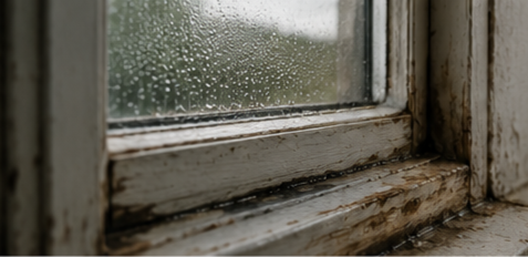 Close-up of an old, weathered window with rain droplets on the glass and a dirty, peeling window frame.