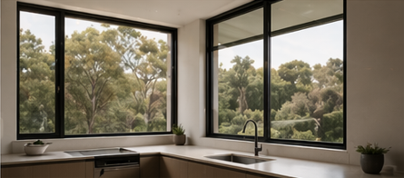 Modern kitchen with large windows overlooking a green outdoor landscape, white countertops, and minimal decor.