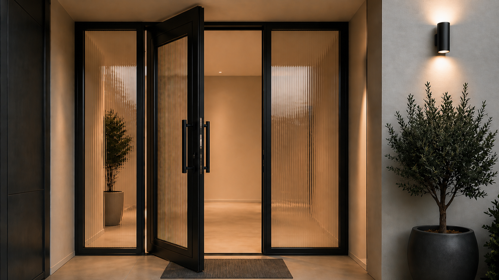 Modern entrance with black-framed glass double doors, a potted tree outside, and a wall-mounted light.