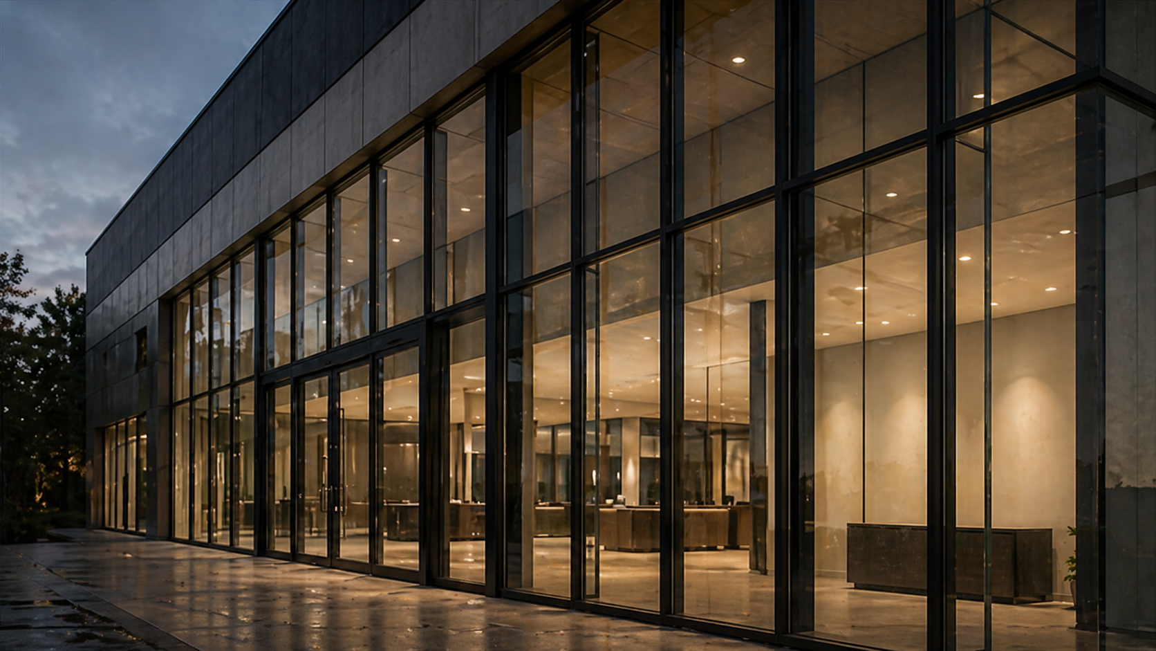 A modern building with large glass windows illuminated from inside during dusk or evening.