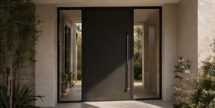 Modern front entrance with black glass double door and surrounding beige walls, flanked by plants and greenery.