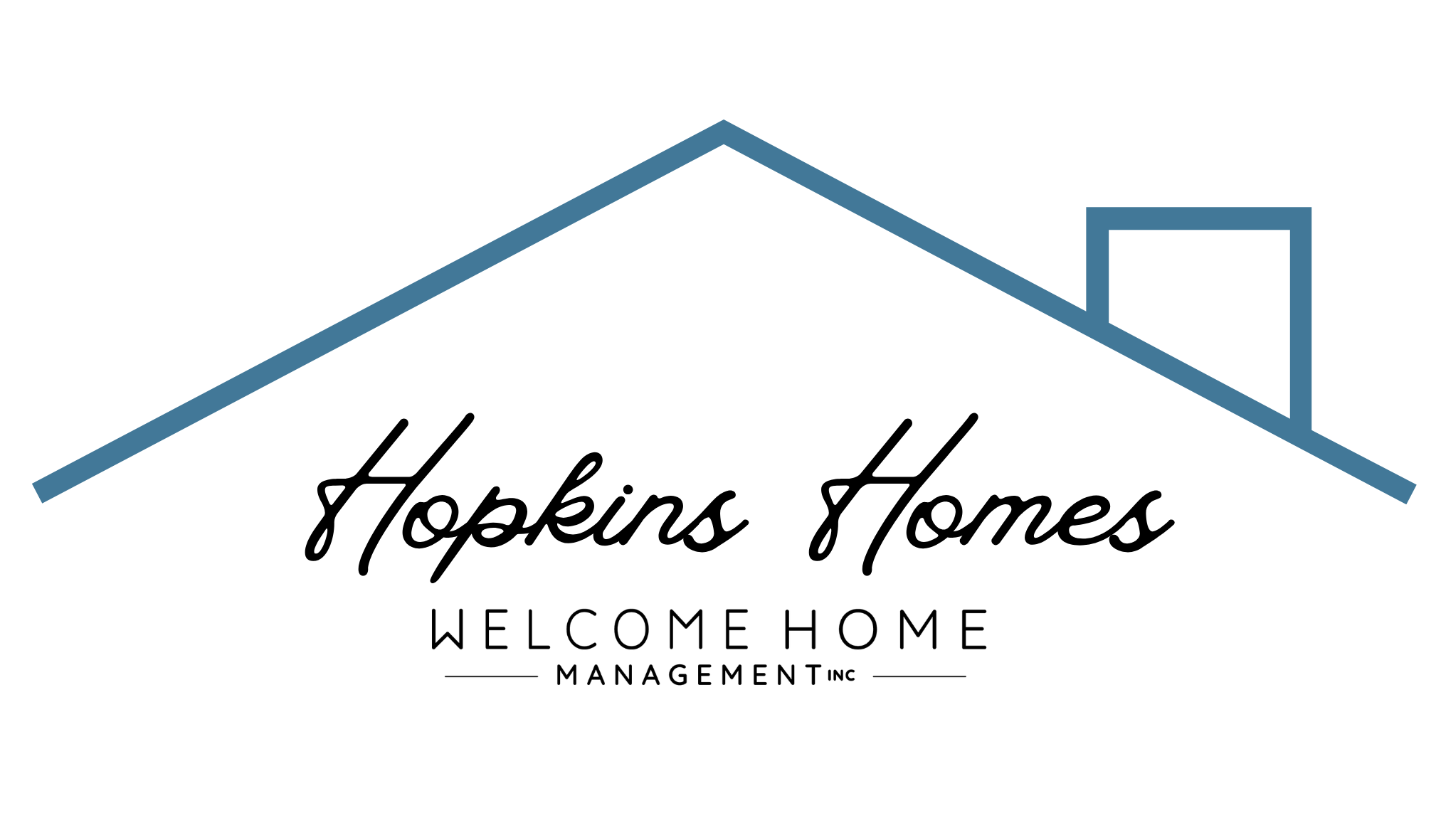 Hopkins Homes real estate logo featuring a minimalist house roof outline design in blue on a black background, representing residential real estate services.