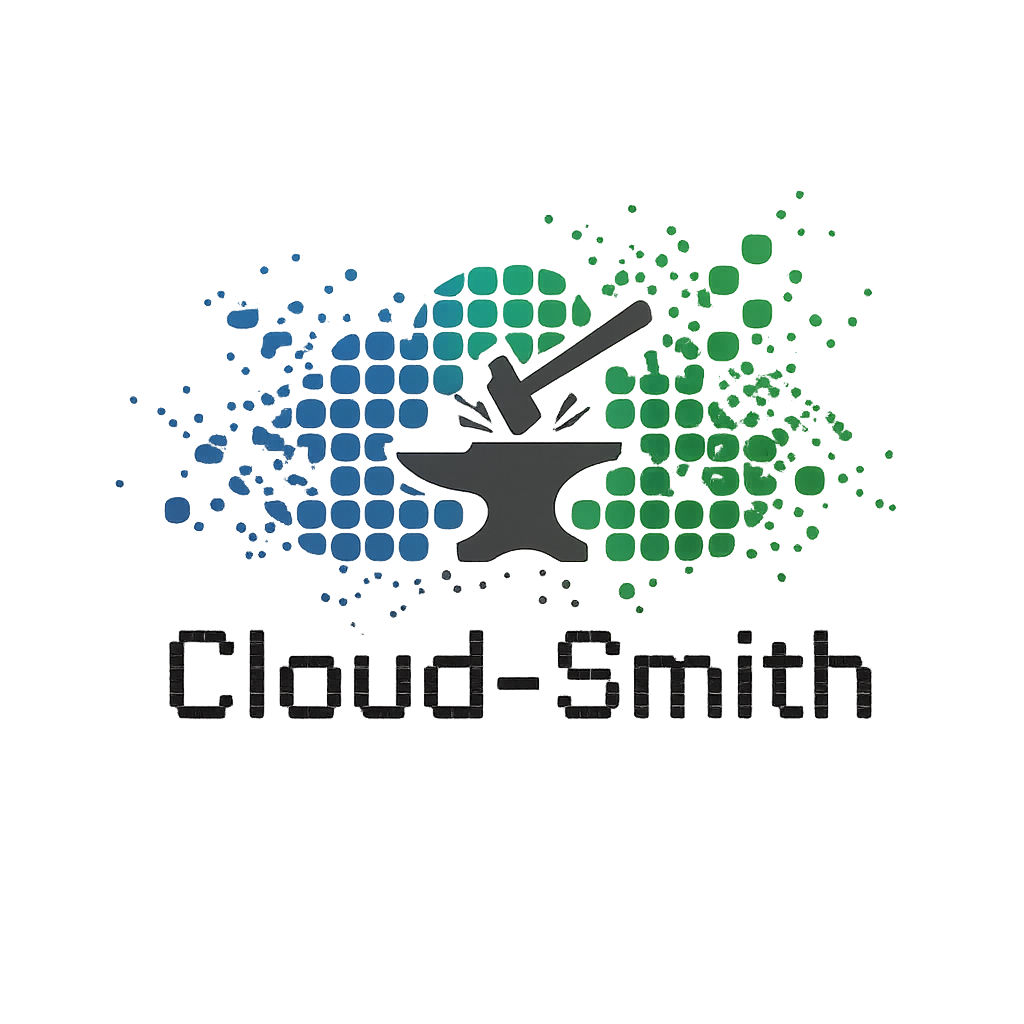 Grafik eines Hammers, der auf einem Amboss schlägt, mit einer explosionsartigen Darstellung im Hintergrund, in Farben Blau, Grün und Lila, und dem Text "Cloud-Smith" darunter.